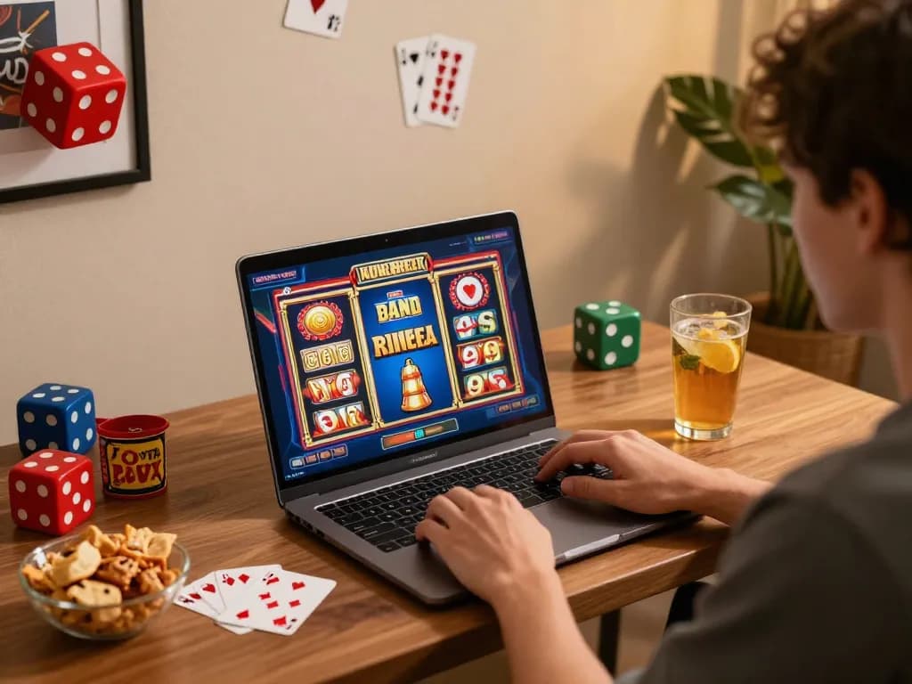 Player enjoying slot games on laptop at home, showcasing immersive online gaming experience at mesingg.