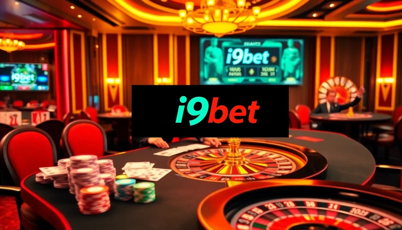 i9bet casino scene with vibrant gaming tables, chips, and roulette wheels.