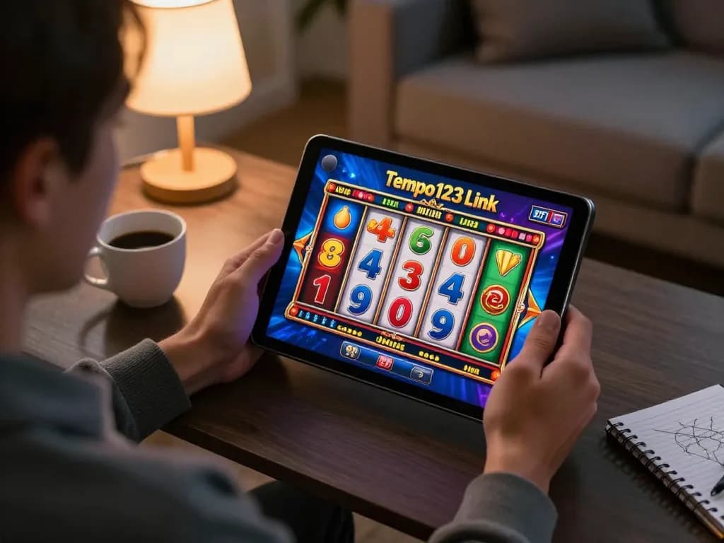 Engaging in exciting online gambling on Tempo123 Link slot game, showcasing dynamic tablet gameplay.