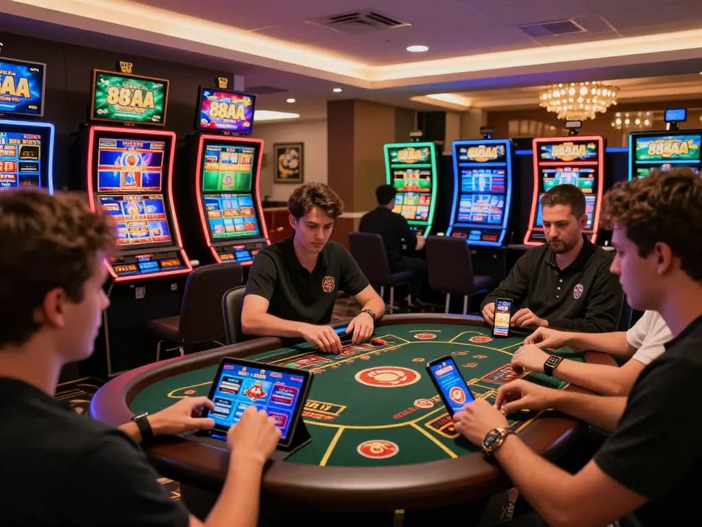 Vibrant 88AA online betting scene showcasing diverse players enjoying casino games and sports betting in an immersive digital environment.