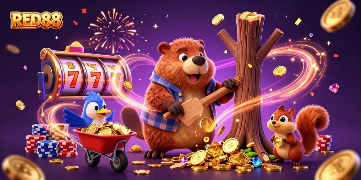 Experience the excitement of RED88 with a playful beaver, coins, and slot reels!