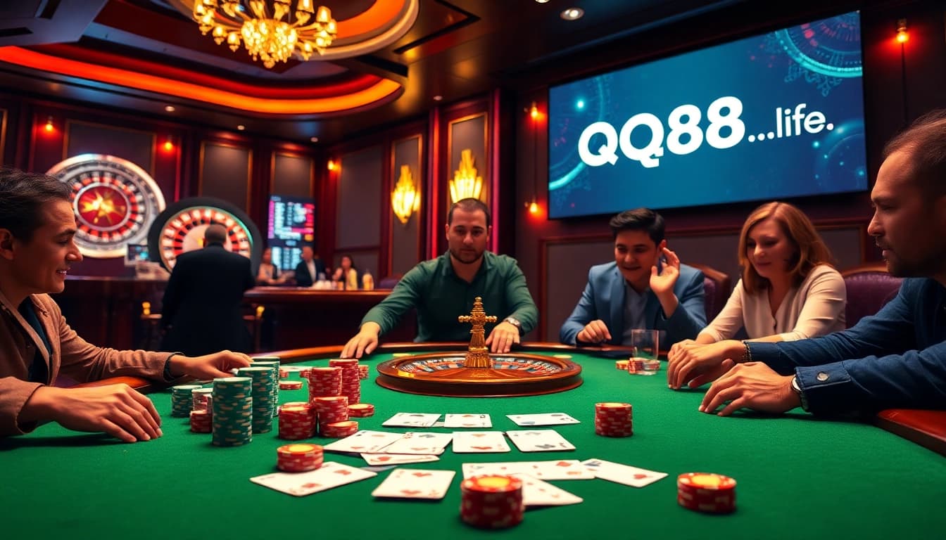 Engage with thrilling poker at qq88.life, showcasing vibrant chips, cards, and excitement.