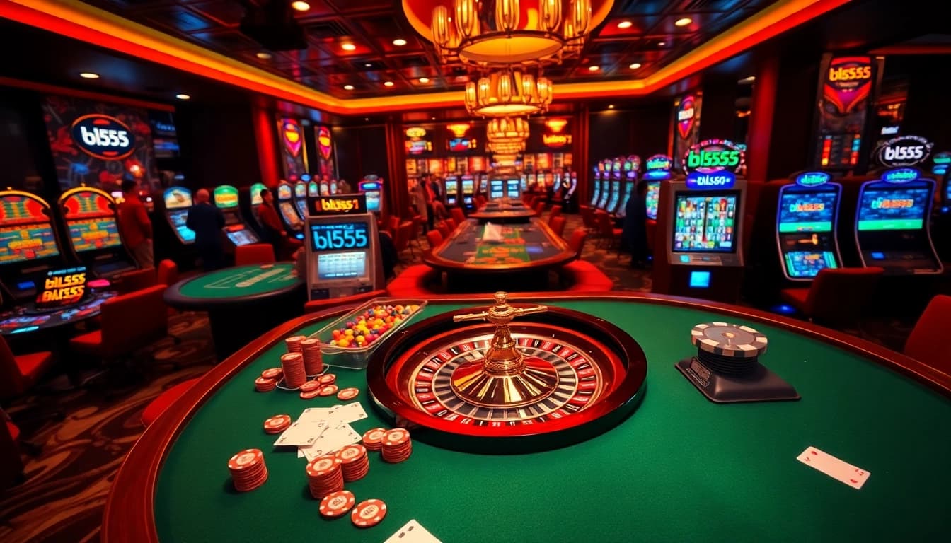 Exciting poker game at bl555 casino with vibrant chips and cards in action.