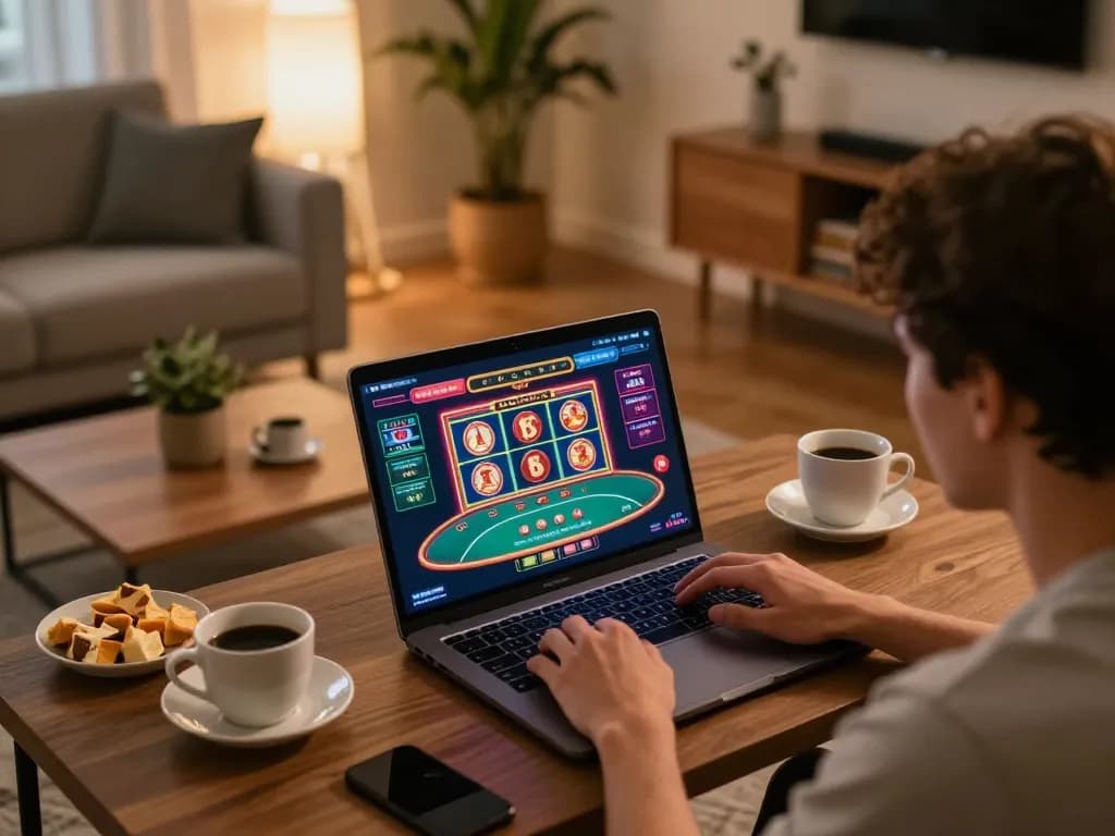 Person engaged in online gaming at taixiusunwin.art using laptop for poker and slots, cozy home ambiance.