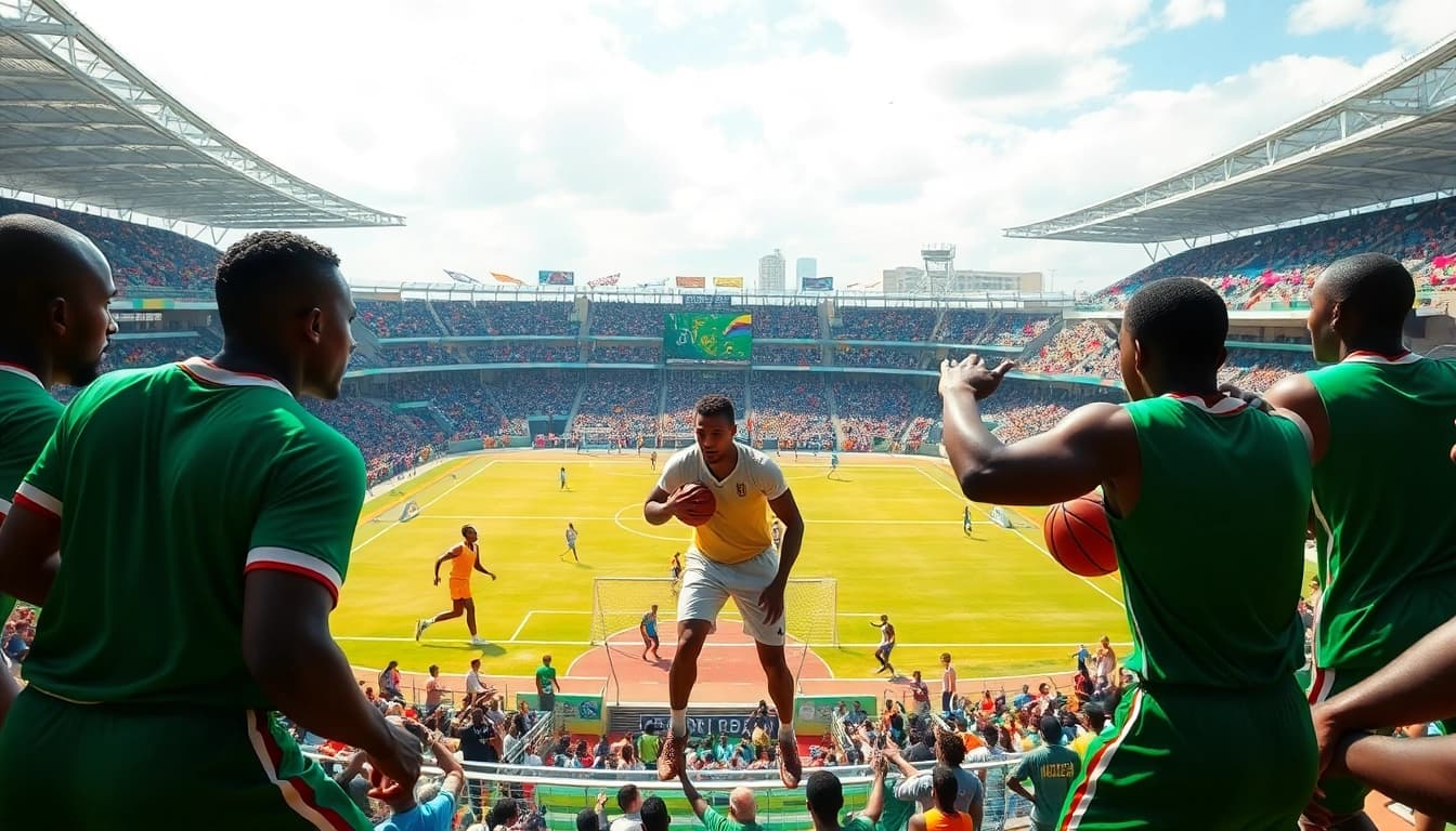 Visualizing Africa sports betting news with diverse athletes in action at vibrant stadiums.