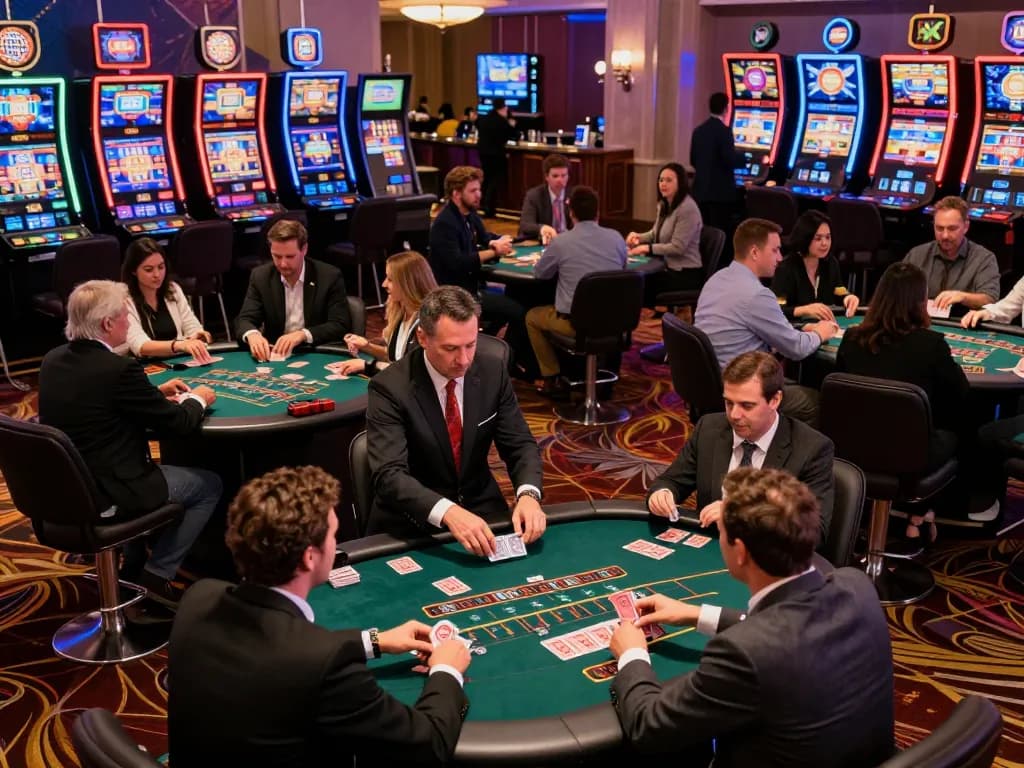 Players enjoying a lively blackjack game in a vibrant casino, showcasing mb66 excitement and strategy.