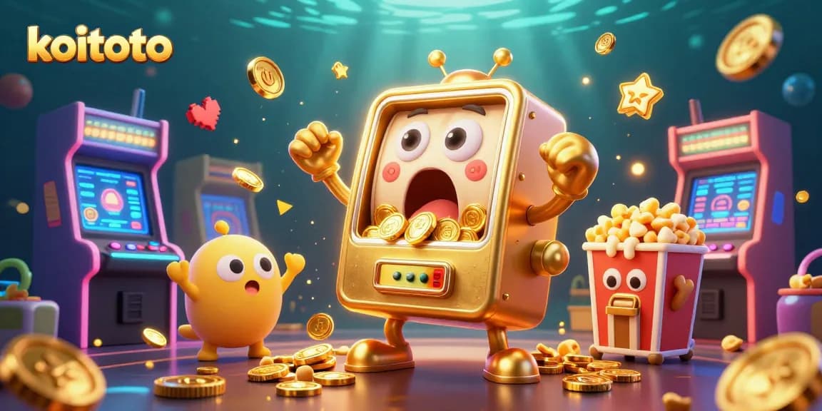 Koitoto offers a thrilling jackpot experience with colorful slot machine characters celebrating wins in a vibrant gaming scene.