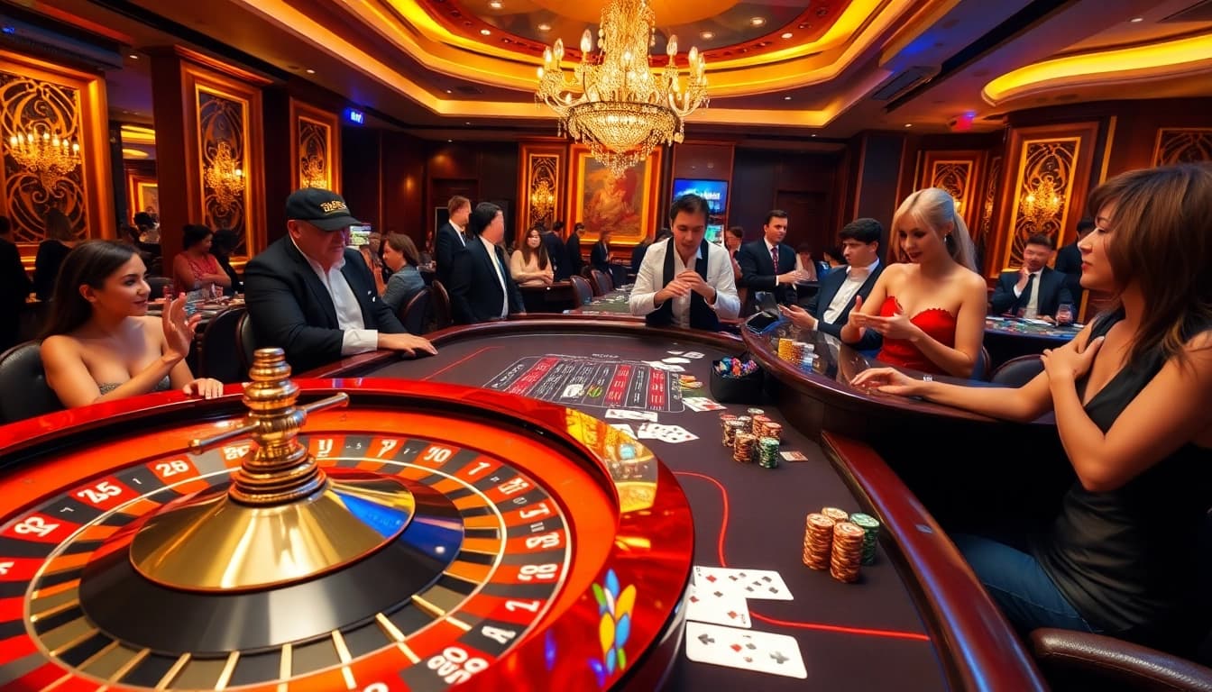 Exciting juragan77 casino scene showcasing a roulette table, poker chips, and engaging players.