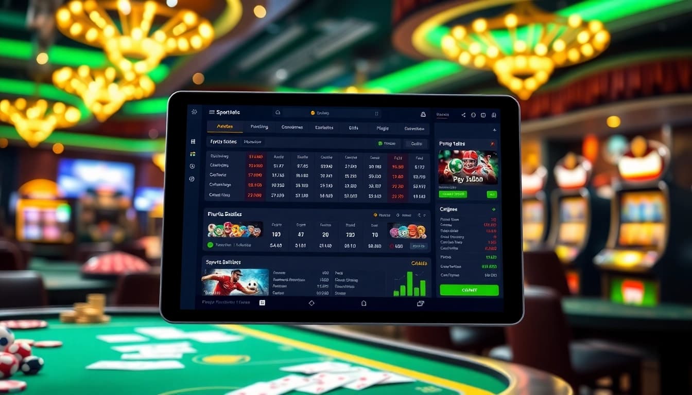 Engaging scene of Thể thao rikbet online sports betting interface on a modern tablet amidst a vibrant casino atmosphere.