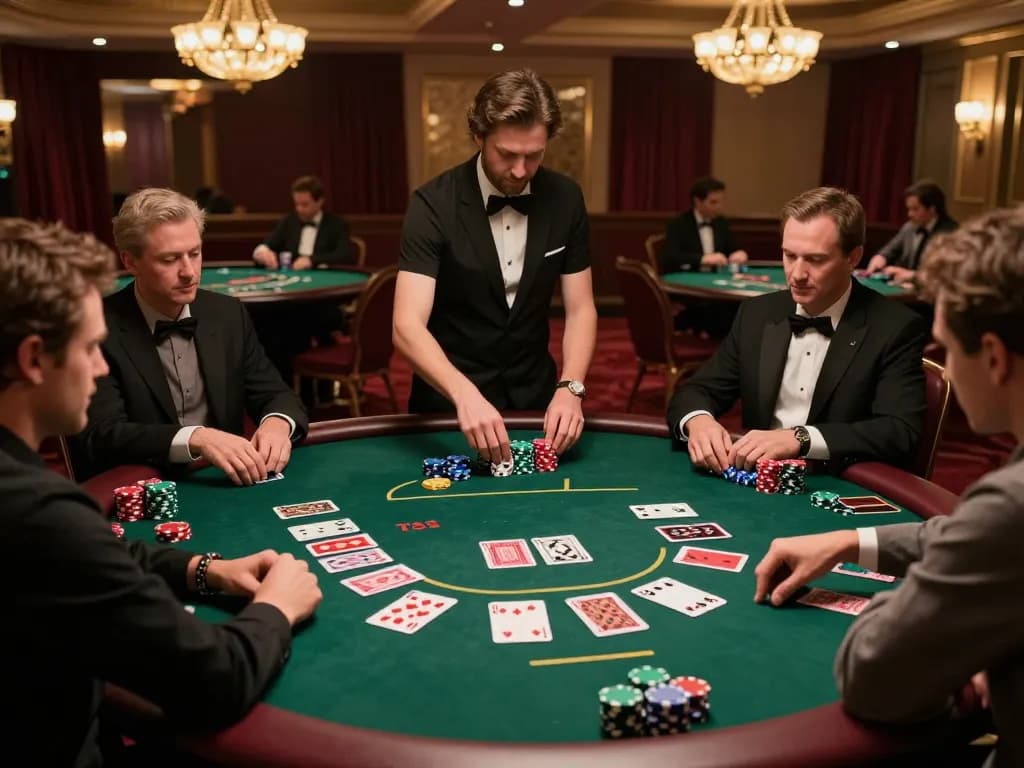 F8BET players strategizing at a luxurious poker table, showcasing intense gameplay atmosphere
