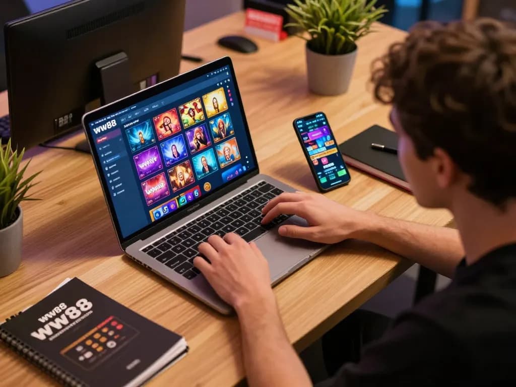 Engaging online casino gaming session at ww88 with a player focused on the laptop