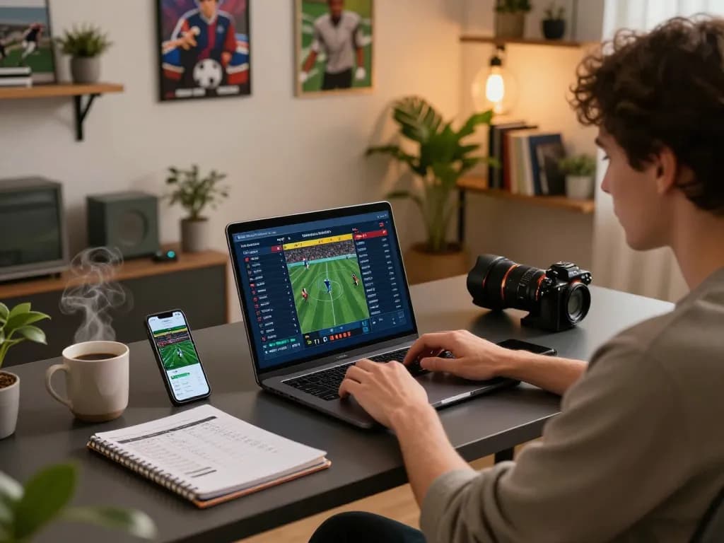 Aksi taruhan olahraga langsung SPBO di laptop dengan catatan strategis di kantor rumah yang nyaman.