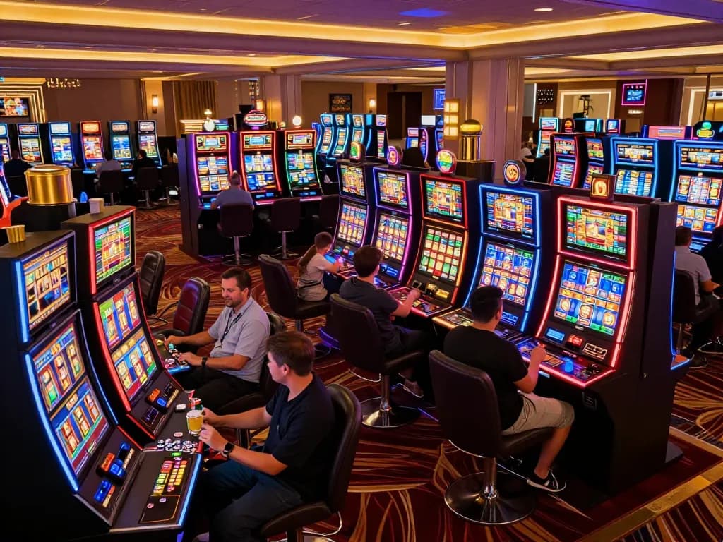 Engaged players enjoying vibrant slot machines at MMOO casino, showcasing excitement and fun