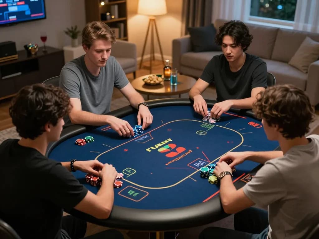 Experience the thrill of online poker gameplay at Luck8, showcasing dynamic player interactions and modern digital elements in a cozy living room.