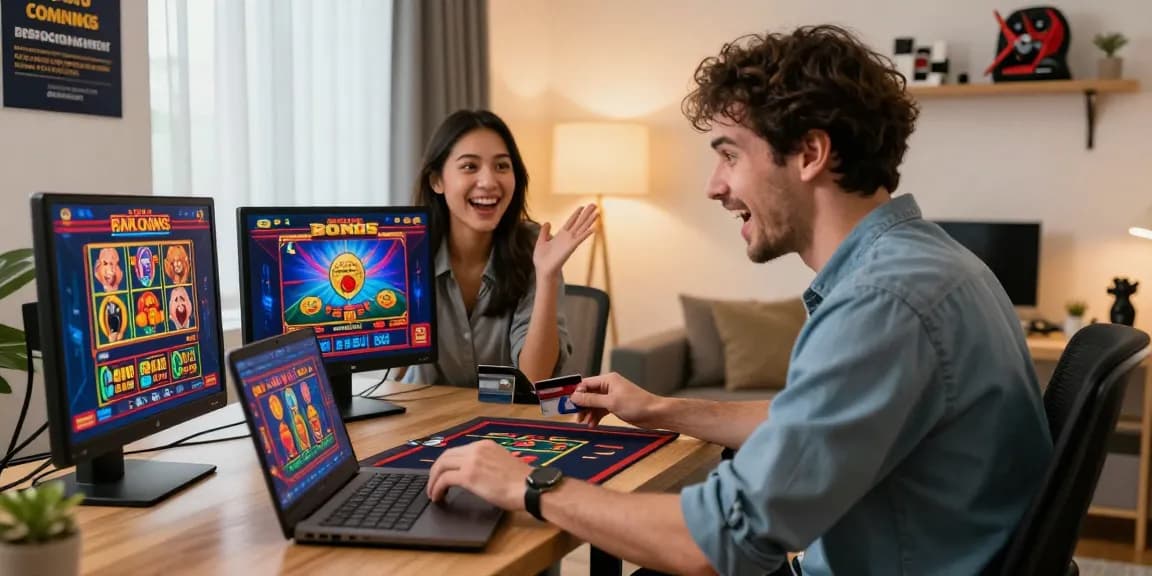 Exciting online gaming experience featuring a couple exploring https://scoarch.org.uk list of credit card casinos on their laptops.