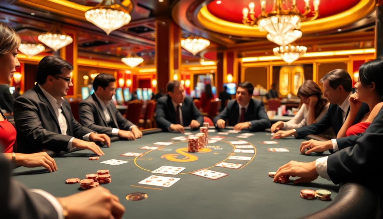 Permainan SBOBET di meja kasino dengan pemain aktif dan suasana meriah.