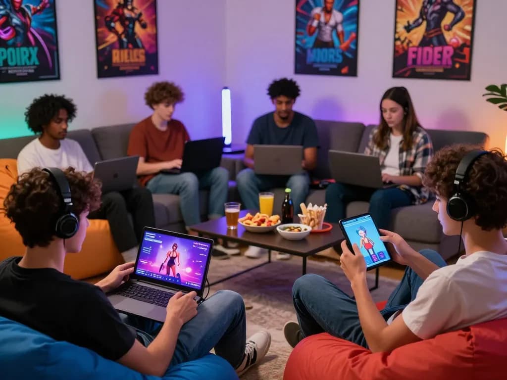 Engaging scene of gamers playing porn games on various devices in a cozy living room.