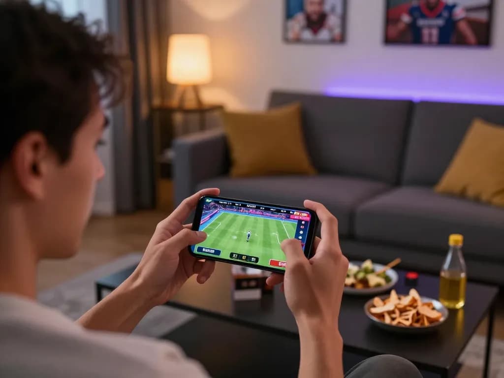Engaged player using hi88 app for sports betting, excitedly placing a live bet in a cozy setting.