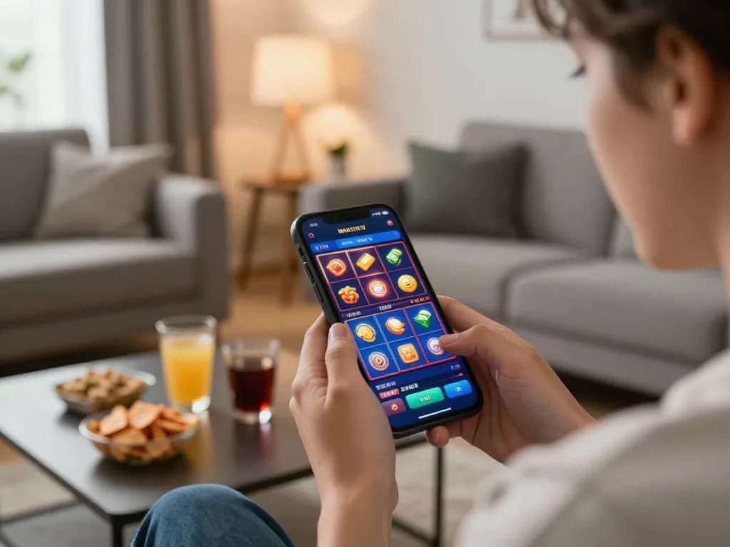 Pemain yang bersemangat menang di slot mobile dengan aplikasi Planet77 di setting rumah yang nyaman