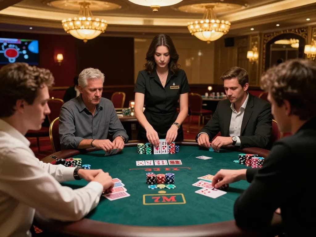 Players strategizing at the 7M blackjack table in an upscale casino setting, showcasing vibrant chips and cards.