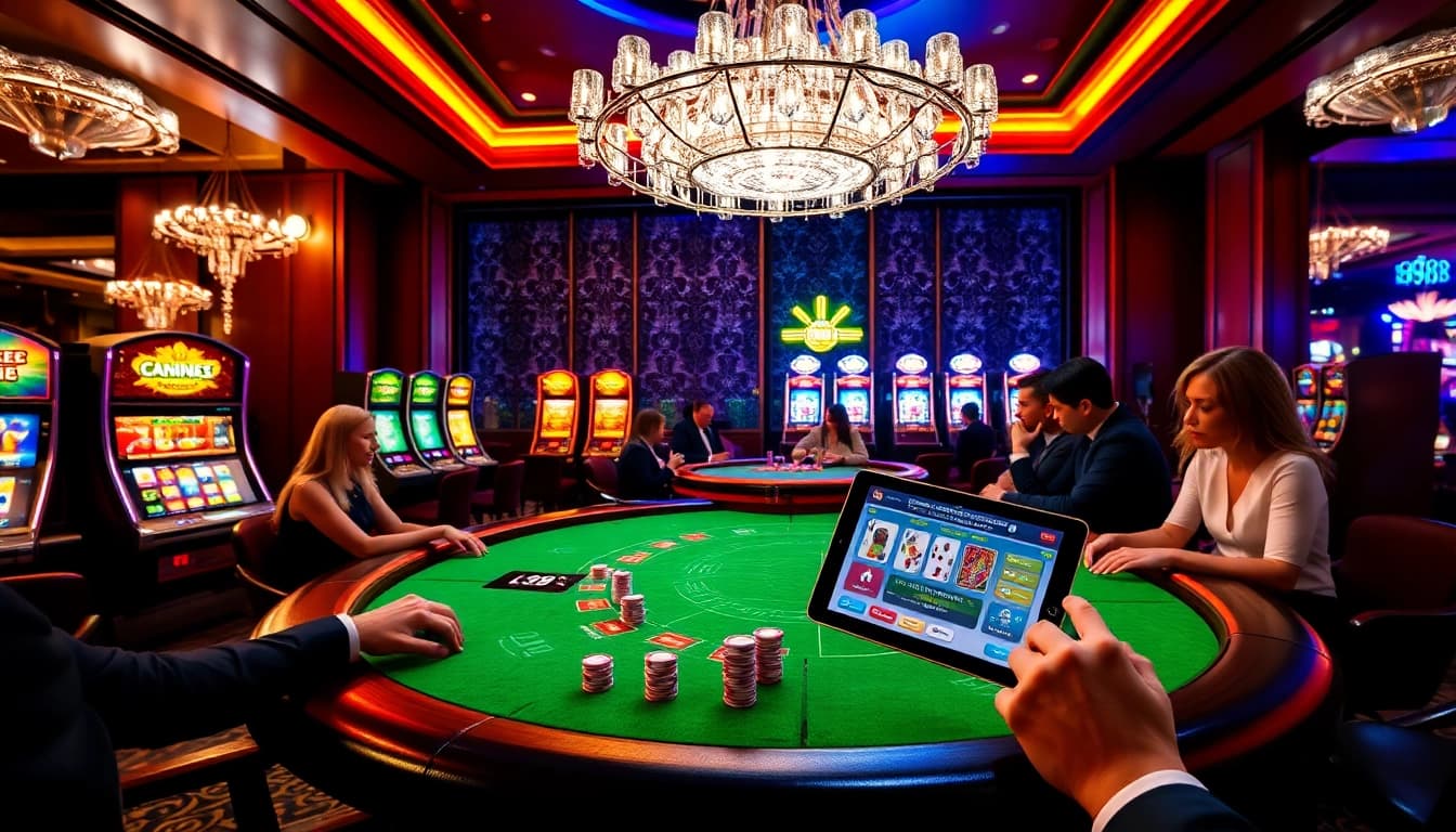 Gamblers enjoying blackjack and poker at luxury casino with lc88 digital interface.
