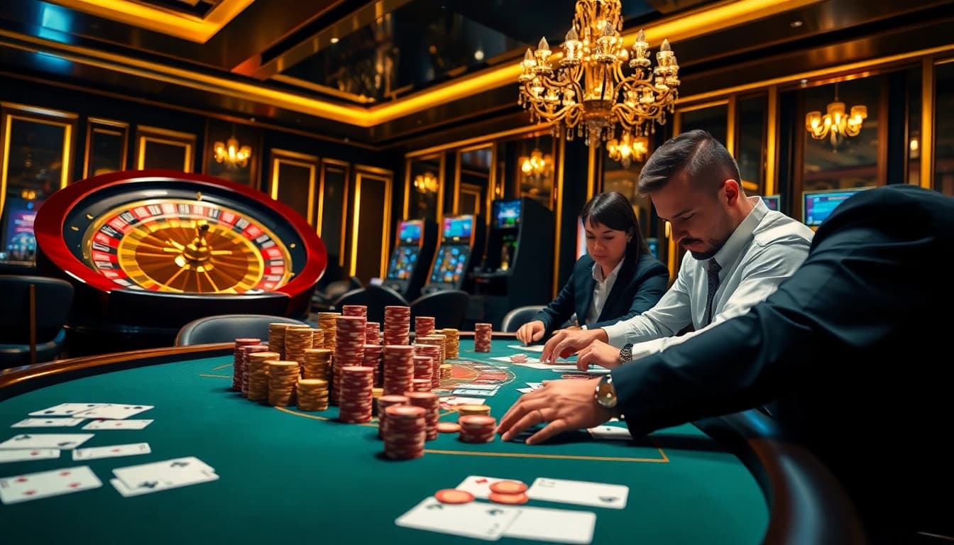 Engaging poker scene at tk88 with luxurious ambiance and high-stakes action.