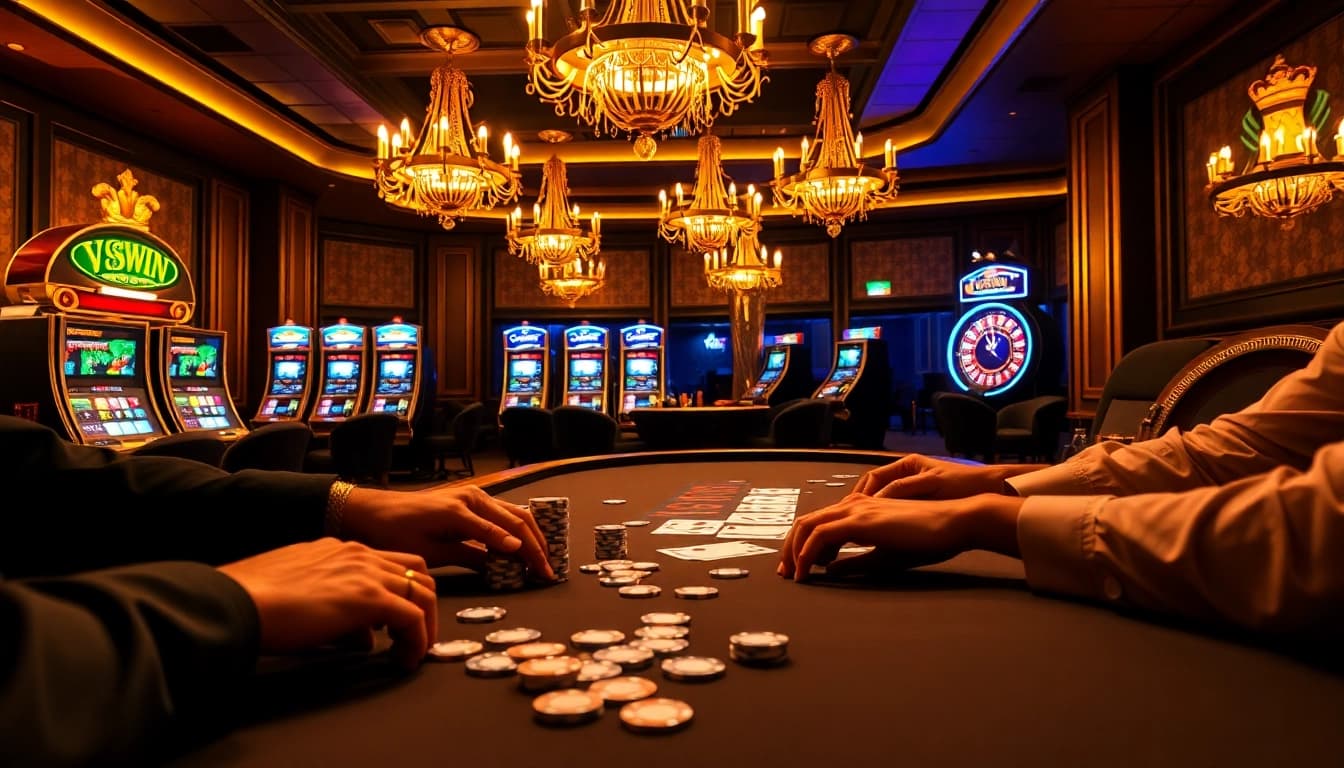 Exciting gameplay at VSWIN casino with vibrant poker table, chips, and players engaged in action.