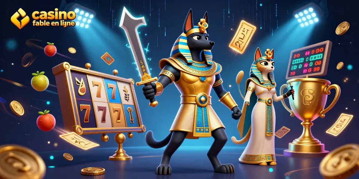 Engage with the dynamic world of casino fiable en ligne, featuring Anubis and Bastet amidst vibrant slot elements.