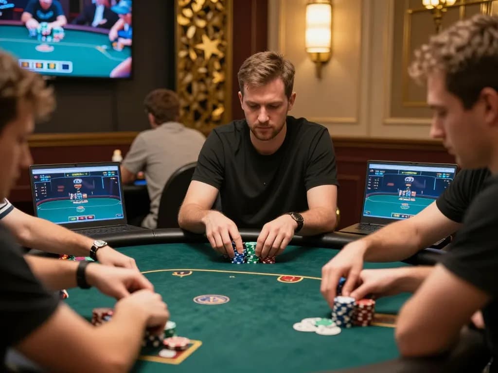 Players engaging in a strategic lc88 poker game, showcasing intense gameplay and luxury atmosphere.