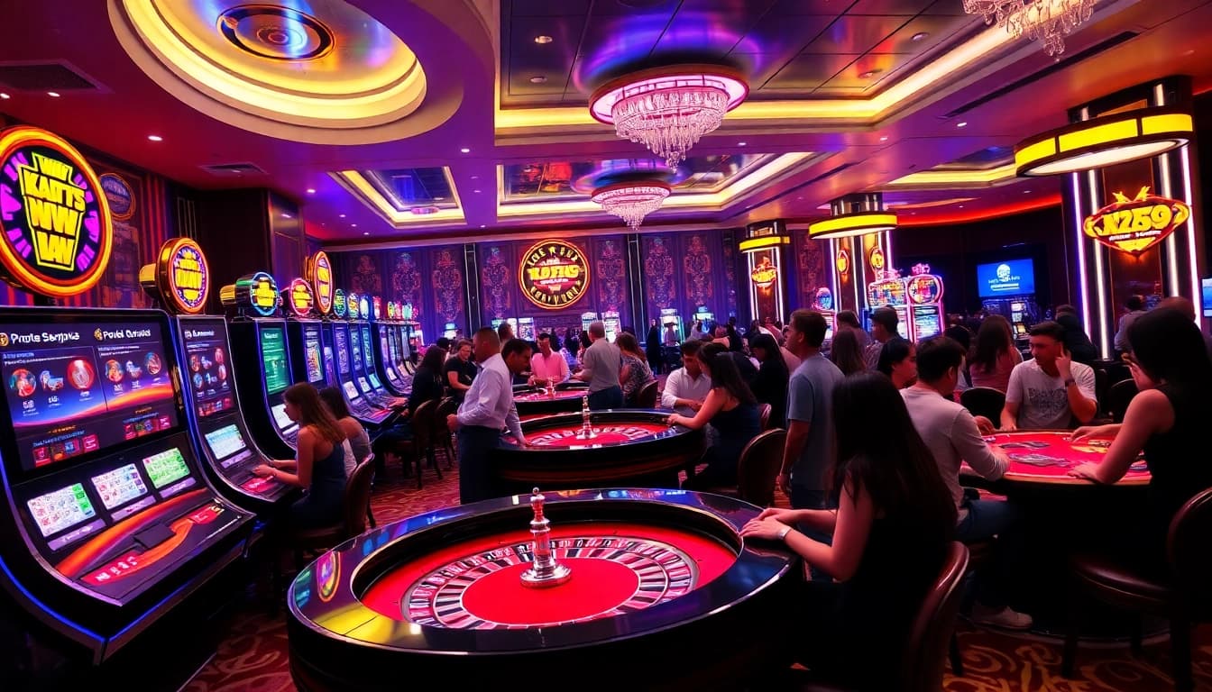 K9K9 casino scene with players enjoying roulette and poker, vibrant and exciting atmosphere.