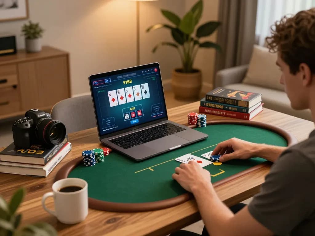 Player enjoying F168 online poker on a laptop, showcasing strategic gameplay in a cozy atmosphere.