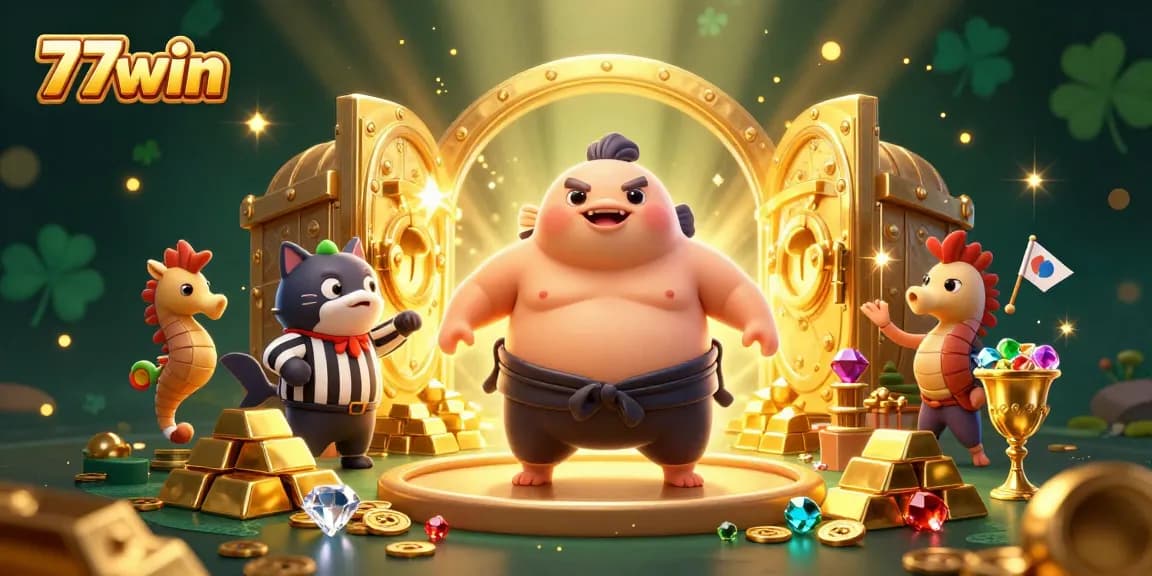Capture your victory at 77win's casino adventure featuring lively underwater characters and treasures, celebrating gaming excitement.