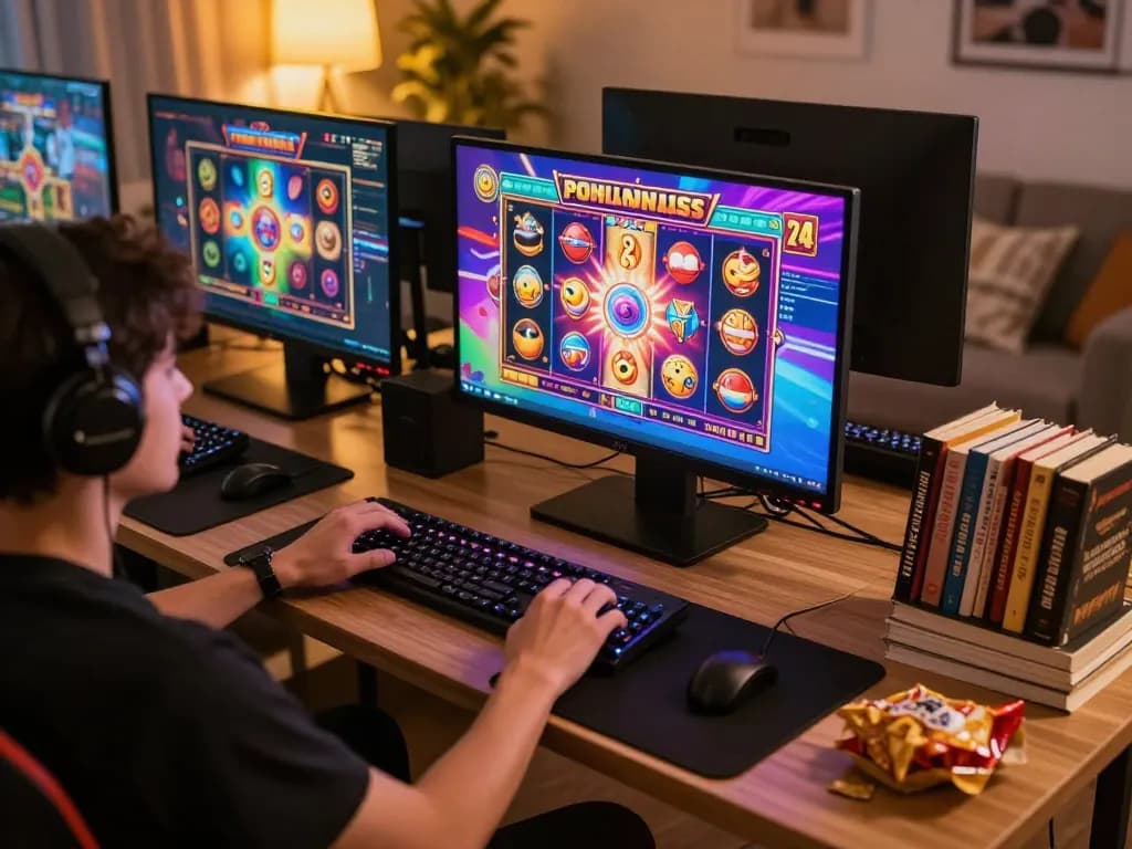 Engaged player enjoying slots where you can buy bonus in a cozy gaming setup at home.