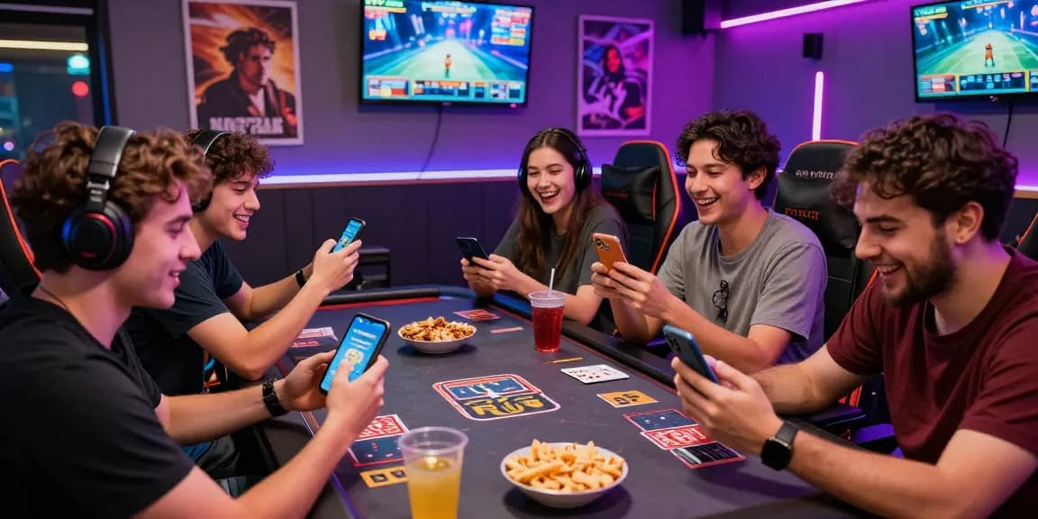 Friends playing 3 Patti Loot on smartphones at a vibrant gaming lounge, showcasing the excitement of online gaming. Website link integrated naturally into the experience.