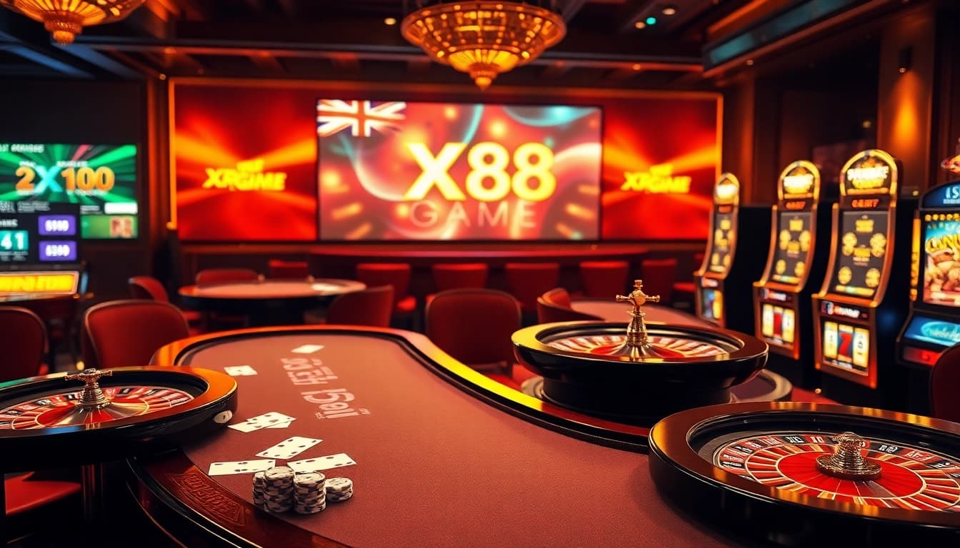 Exciting XX88 Game online casino scene featuring vibrant tables, cards, and slot machines.
