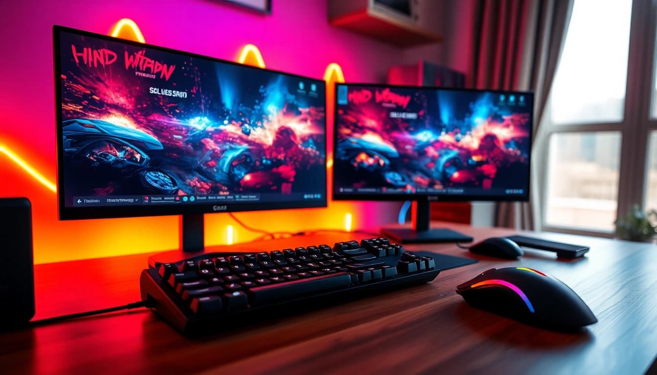 Jovens jogando hi game em um ambiente moderno de jogos com iluminação vibrante.