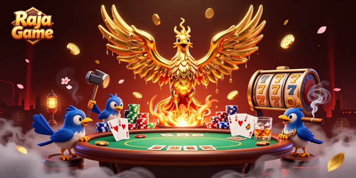 Join Raja Game for thrilling card and casino action with a molten phoenix and vibrant gameplay elements.