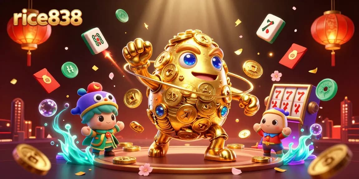 Spin the reels with rice838 in this vibrant casino scene filled with gold coins and lucky symbols.