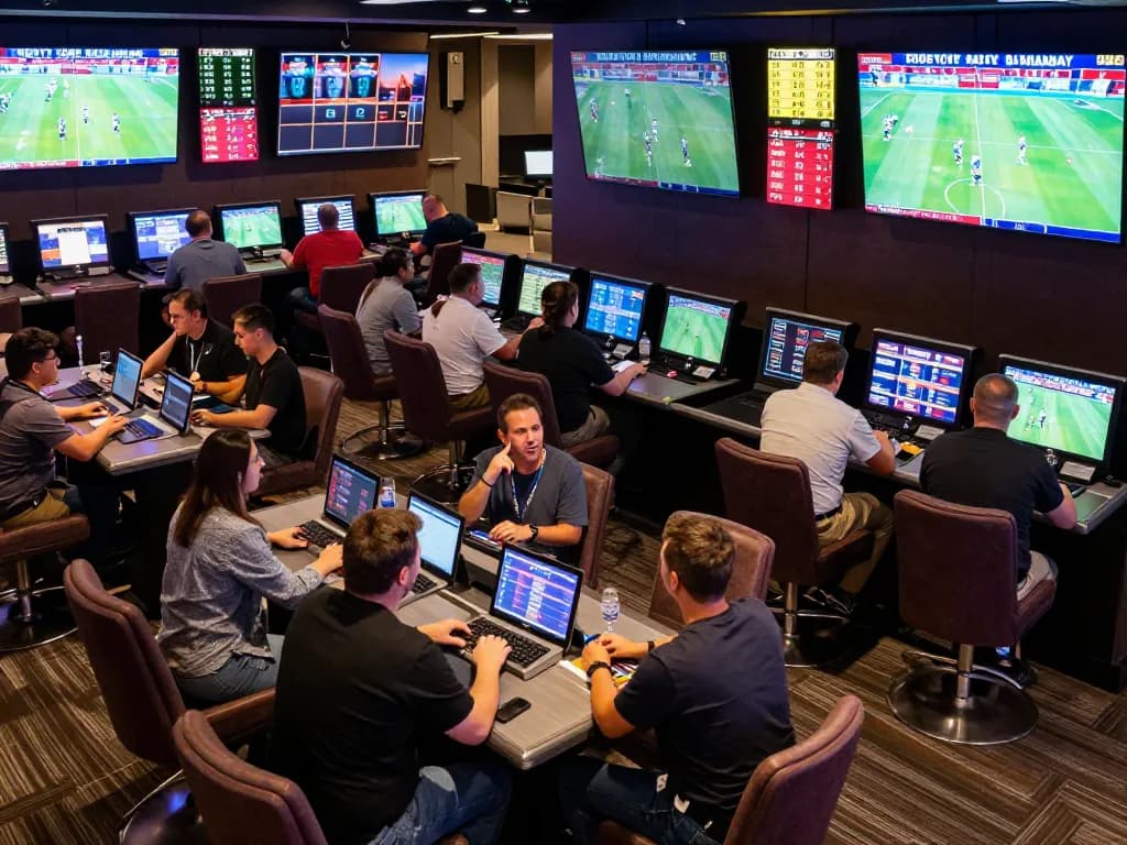 Engaged bettors analyzing kèo nhà cái 5 while watching live sports events in a modern casino lounge