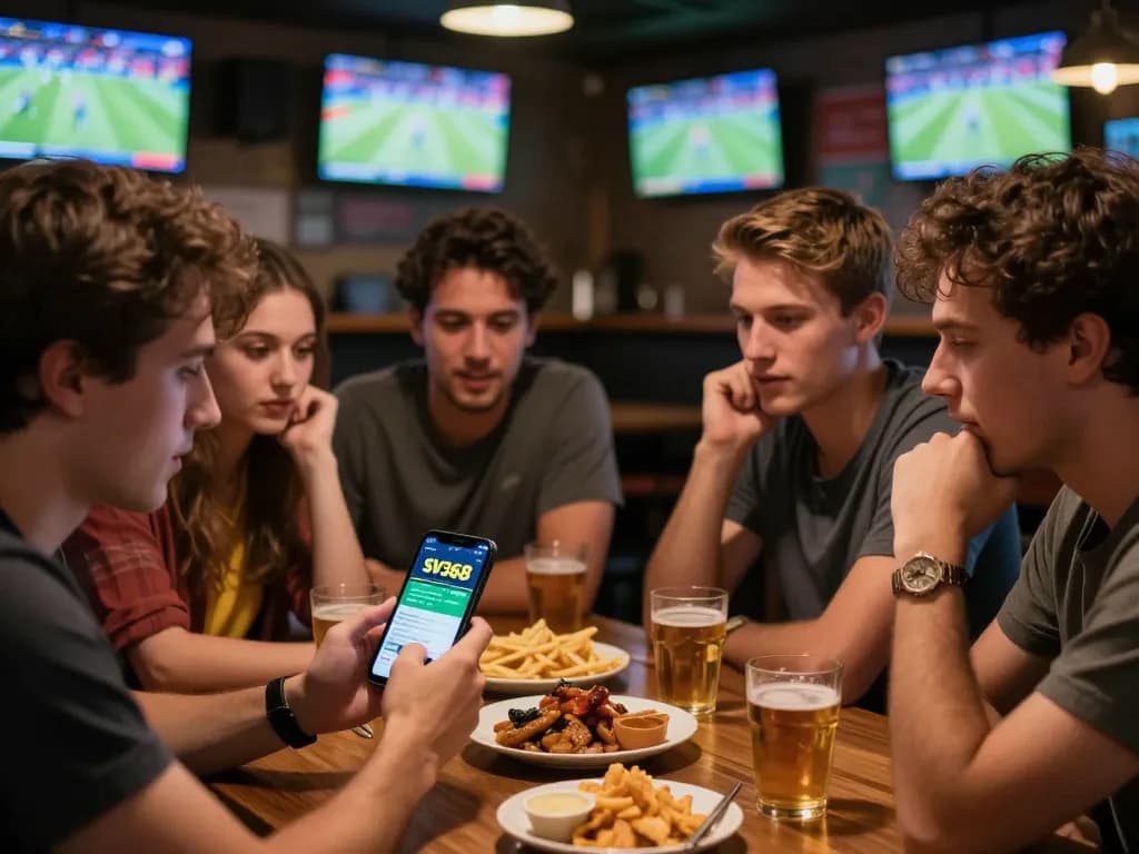 Friends engaging in sports betting using the SV368 app at a lively bar, enjoying drinks and games.