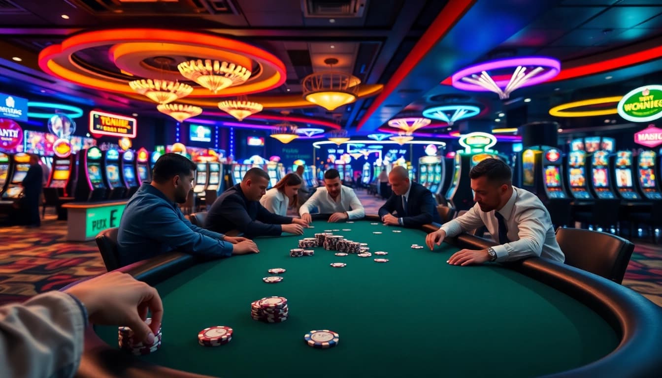 Betrupi ile heyecan verici bir poker masasında oyuncuların dikkatle oyun oynaması.