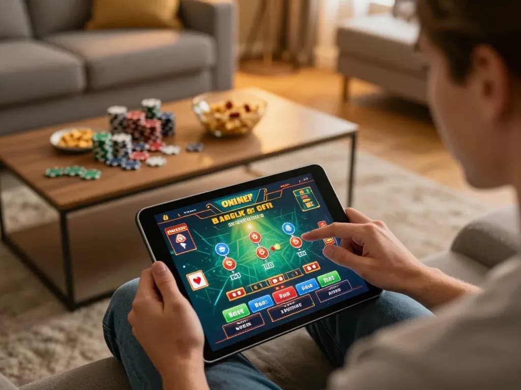 Win678 user engaged in online gambling with tablets, showcasing an immersive gaming experience at home.