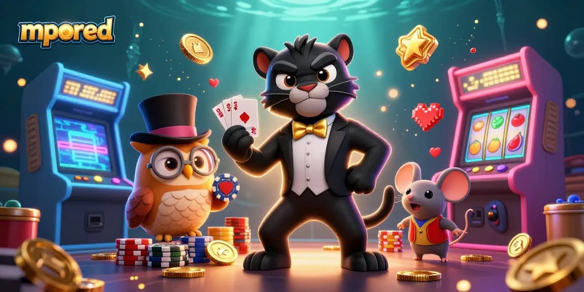 mpored menampilkan karakter kasino 3D sambil menjalankan permainan slot yang ceria dan interaktif.