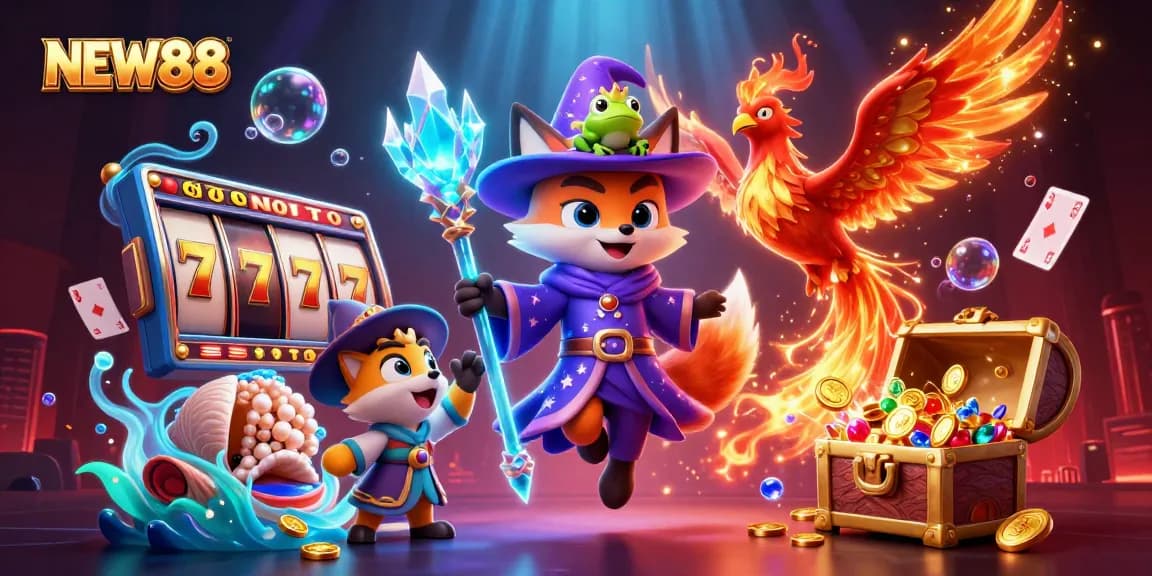 Engage in thrilling gameplay at NEW88 with dazzling slot machines and 3D wizard characters in an enchanted casino