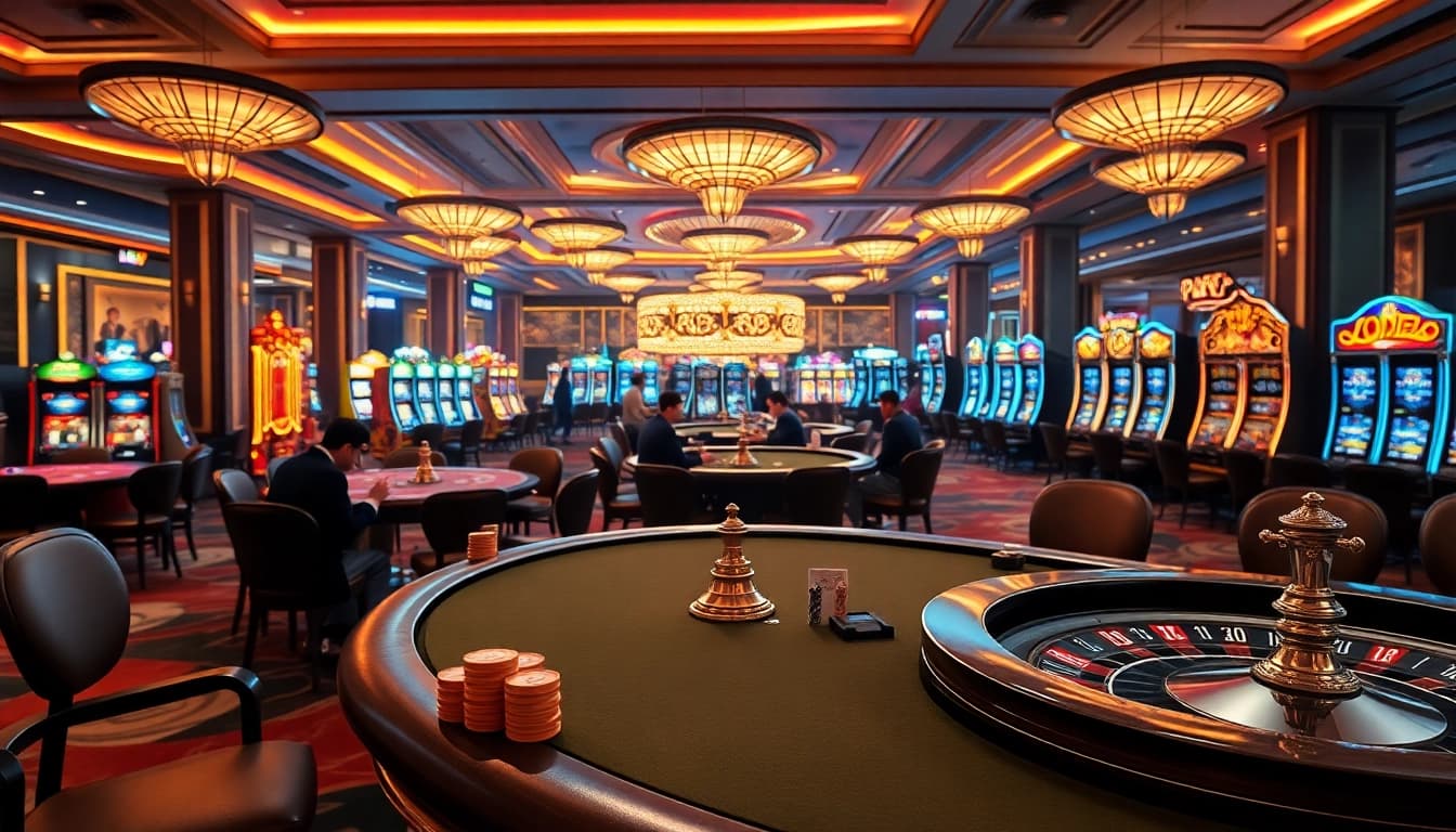 Players enjoying thrilling games at LODE88 casino amidst vibrant lights and luxurious decor.