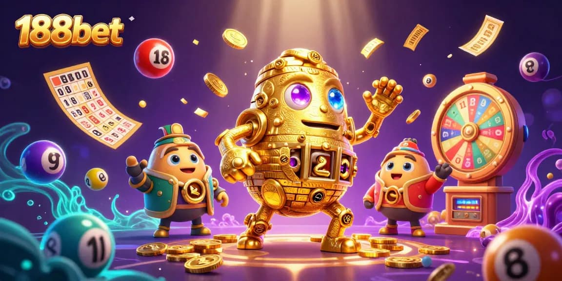 Menangkan permainan lotere dengan 188bet saat bola berwarna-warni dan simbol slot berputar dengan energi kuat.