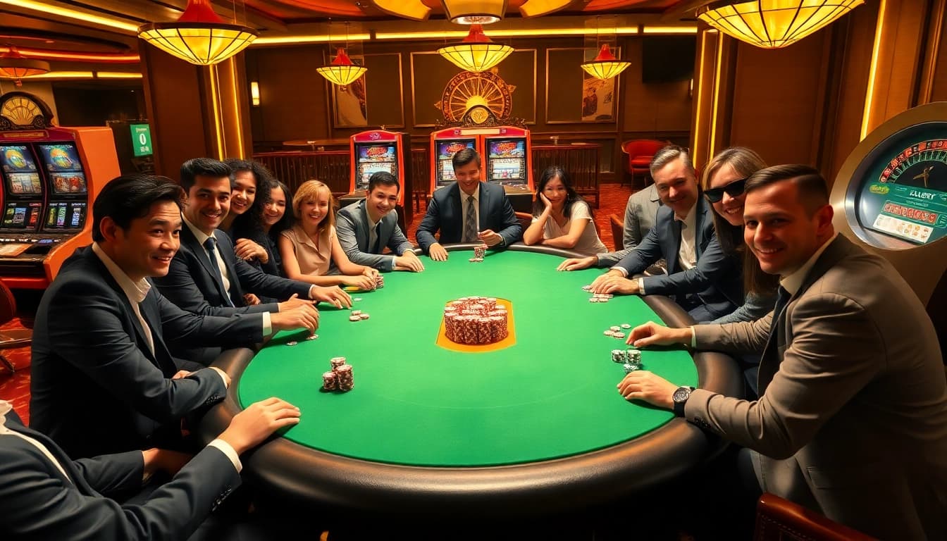 Players at an SX88 poker table celebrate their winning hands with vibrant chips and strategic focus.
