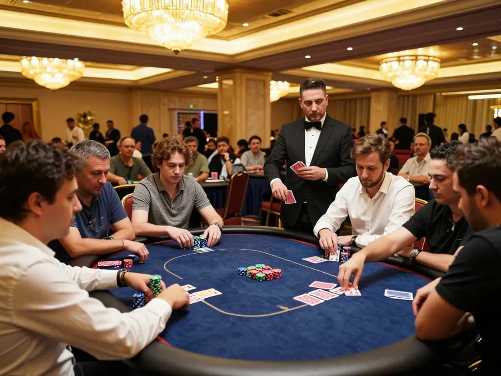 ku88 poker tournament scene at a luxury casino with vibrant gameplay and engaged players.