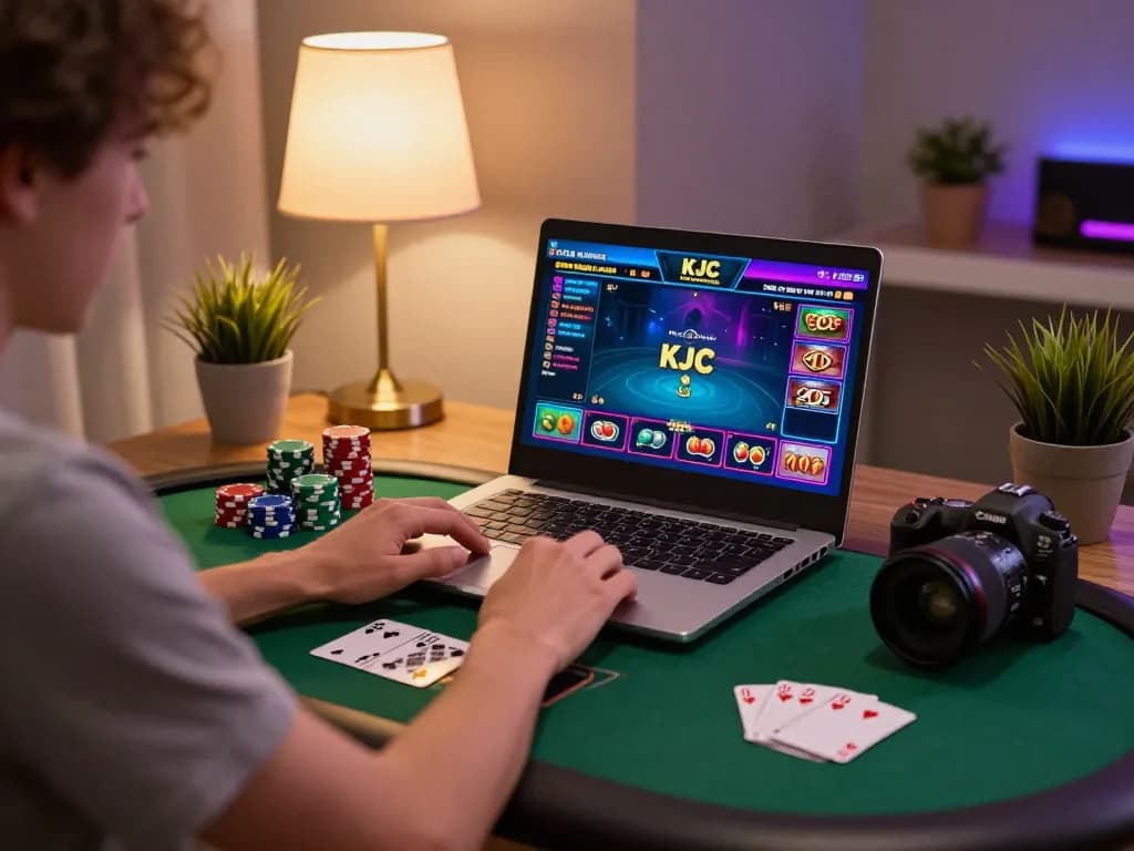 KJC user engaging in online casino gaming from a cozy home setup with poker chips.