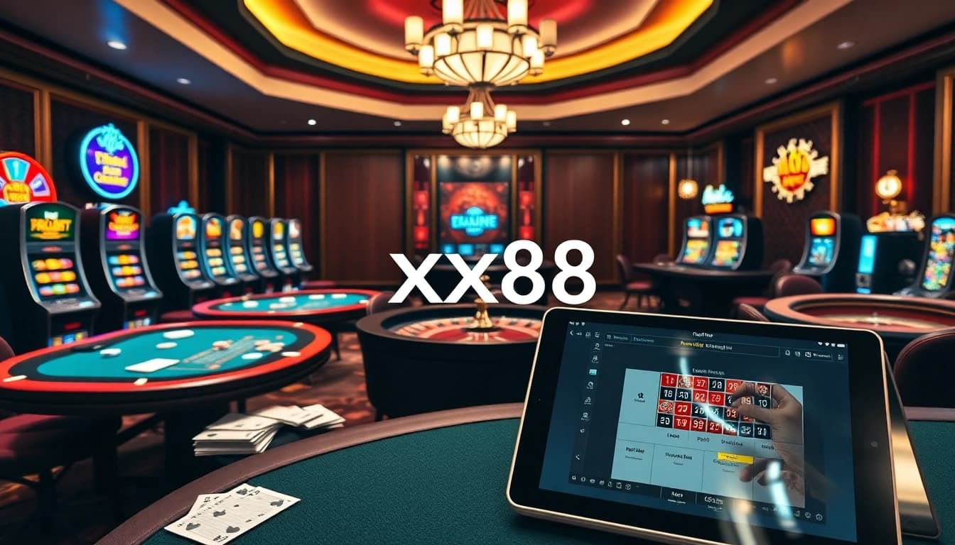 Players engaging in high-stakes action at the xx88 casino with vibrant slot machines.